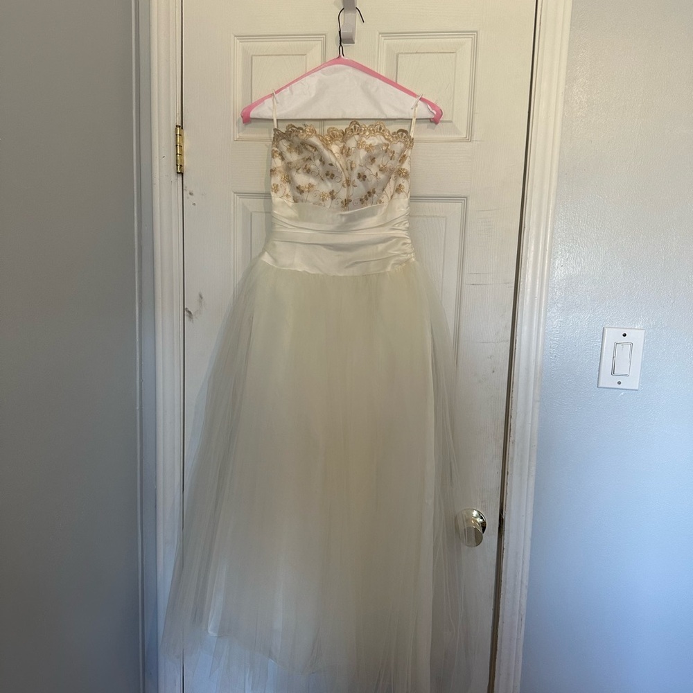 Elegant Strapless Cream and Gold Wedding, prom, quinceañera, or debutante dress